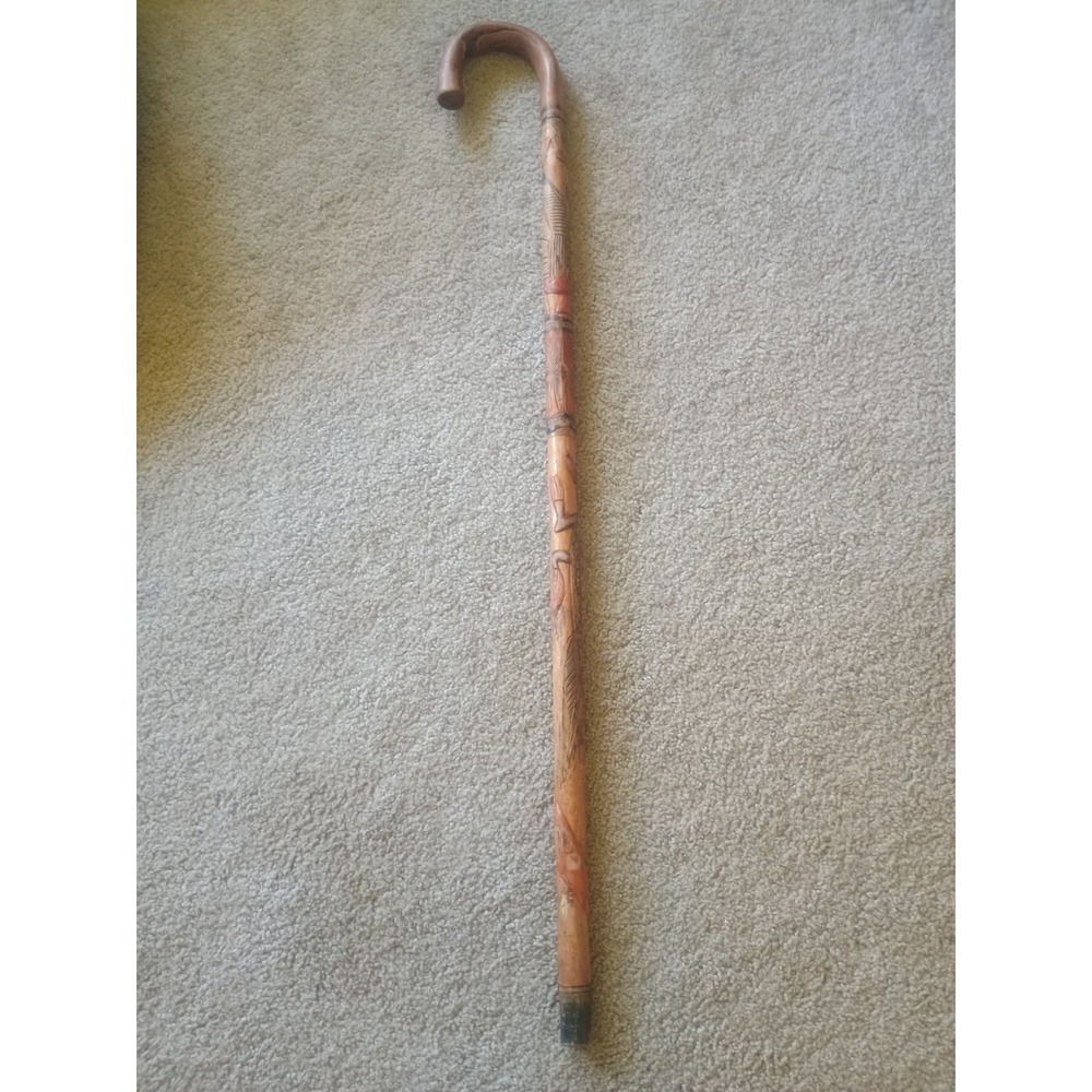 Vintage Folk Art Cane/Walking Stick With Detailed Carvings & Colorful Design 36"